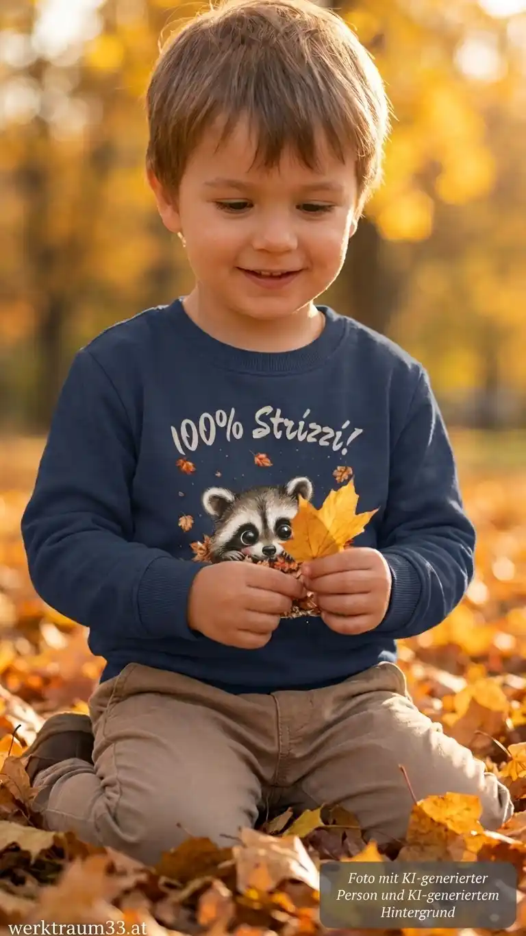 Junge spielend mit herbstlichen Blättern mit Kinder Sweatshirt Waschbär mit dem Text "100% Strizzi" von werktraum33.