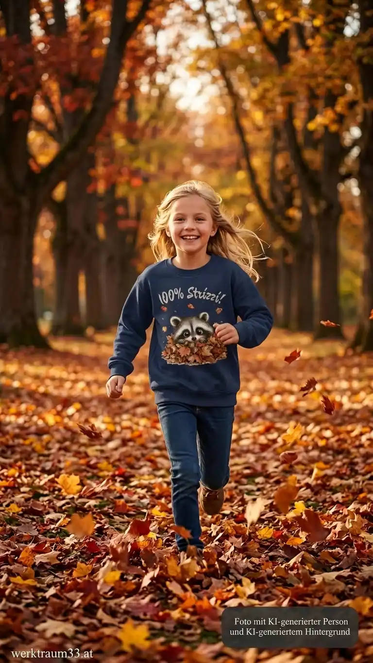 Mädchen in herbstlicher Allee mit Kinder Sweatshirt Waschbär mit dem Text "100% Strizzi" von werktraum33.