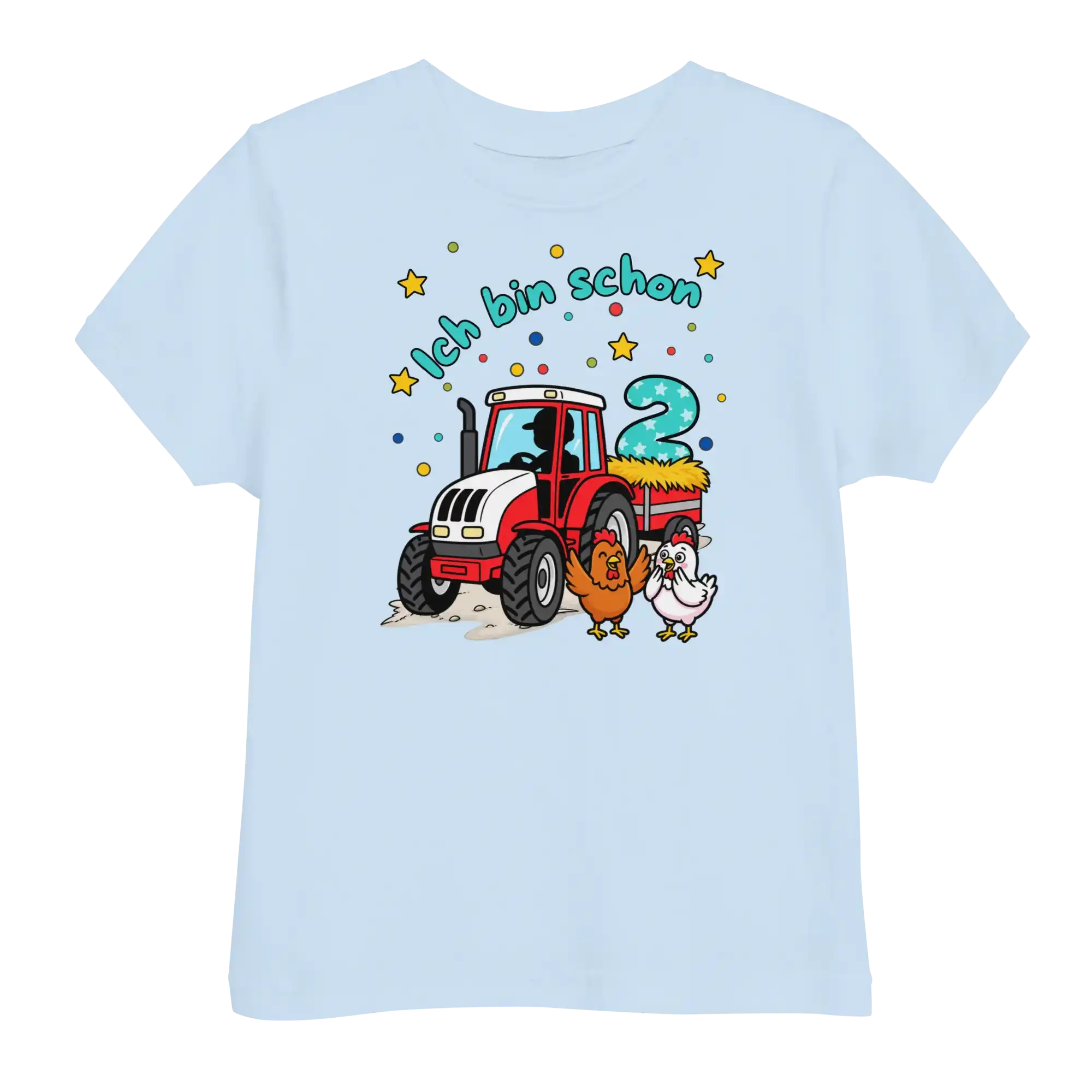 Kinder T-Shirt Ich bin schon 2 roter Traktor mit türkiser Schrift in hellblau von werktraum33.