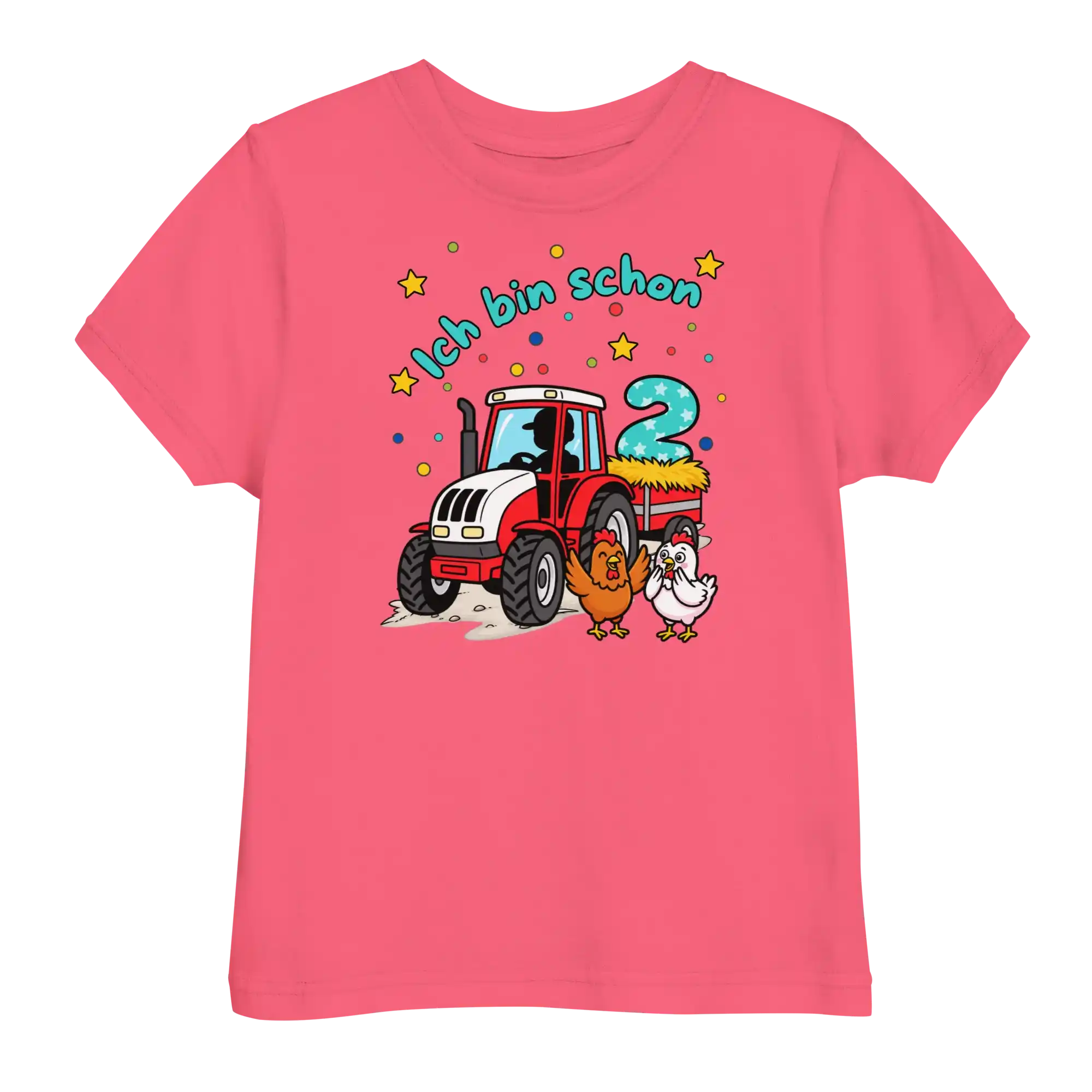 Kinder T-Shirt Ich bin schon 2 roter Traktor mit türkiser Schrift in hot pink von werktraum33.