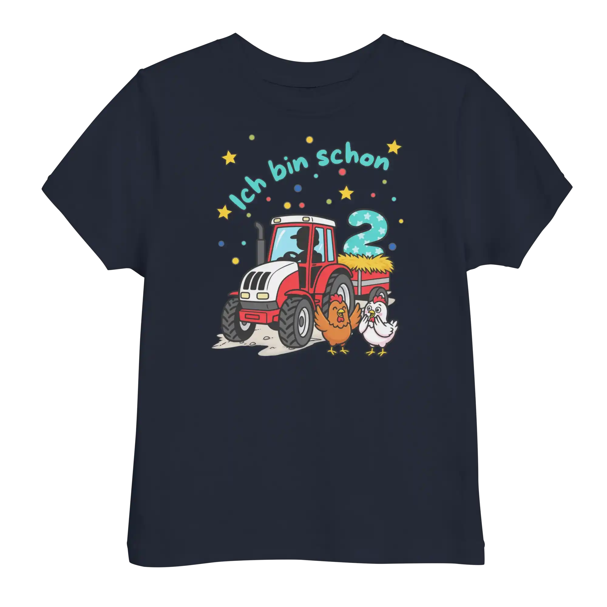 Kinder T-Shirt Ich bin schon 2 roter Traktor mit türkiser Schrift in navy von werktraum33.