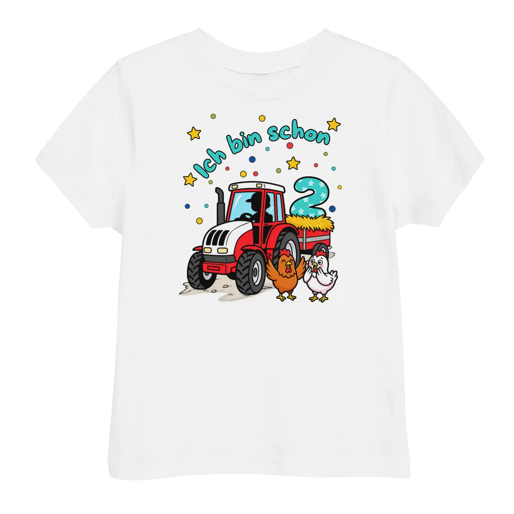 Kinder T-Shirt Ich bin schon 2 roter Traktor mit türkiser Schrift in weiß von werktraum33.