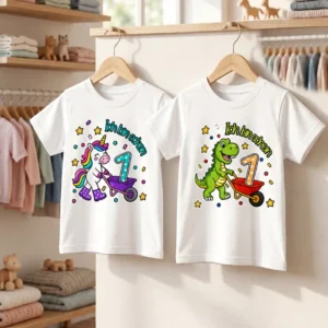 Produktfoto Kinder T-Shirt Ich bin schon 1 mit den Motiven Einhorn und Dino von werktraum33.