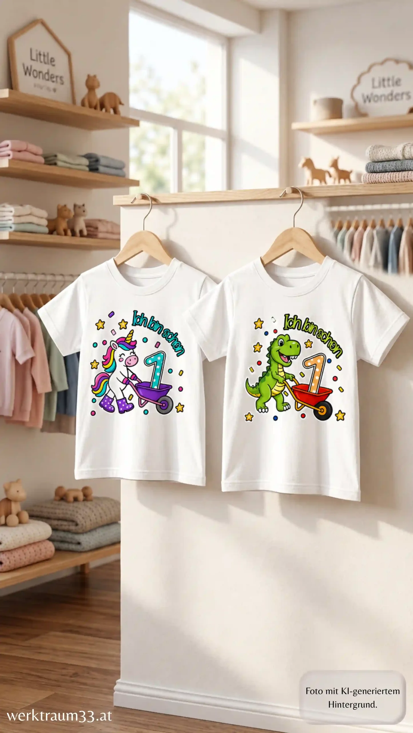 Produktfoto Kinder T-Shirt Ich bin schon 1 mit den Motiven Einhorn und Dino von werktraum33.