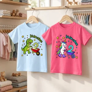 Produktfoto Kinder T-Shirt Ich bin schon 2 mit den Motiven Einhorn und Dino von werktraum33.