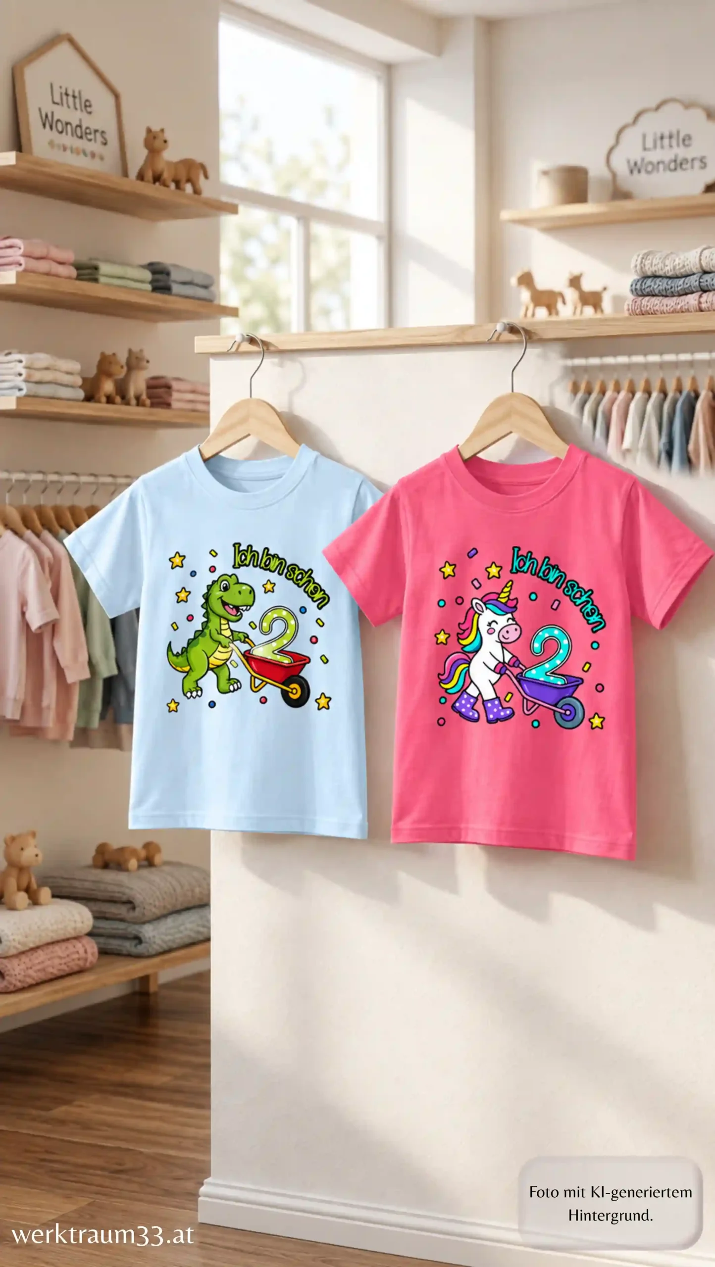 Produktfoto Kinder T-Shirt Ich bin schon 2 mit den Motiven Einhorn und Dino von werktraum33.