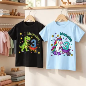 Produktfoto Kinder T-Shirt Ich bin schon 3 mit den Motiven Einhorn und Dino von werktraum33.