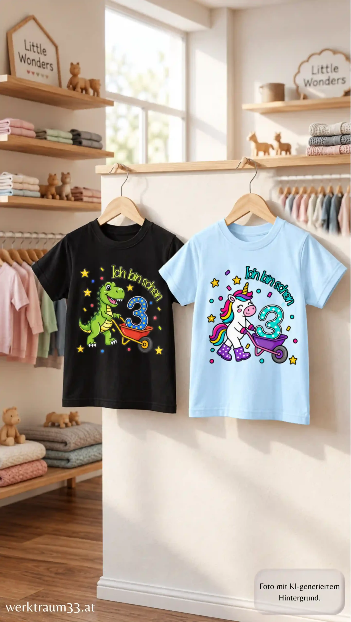 Produktfoto Kinder T-Shirt Ich bin schon 3 mit den Motiven Einhorn und Dino von werktraum33.