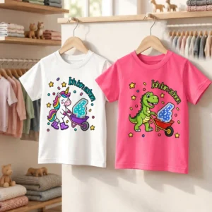 Produktfoto Kinder T-Shirt Ich bin schon 4 mit den Motiven Einhorn und Dino von werktraum33.