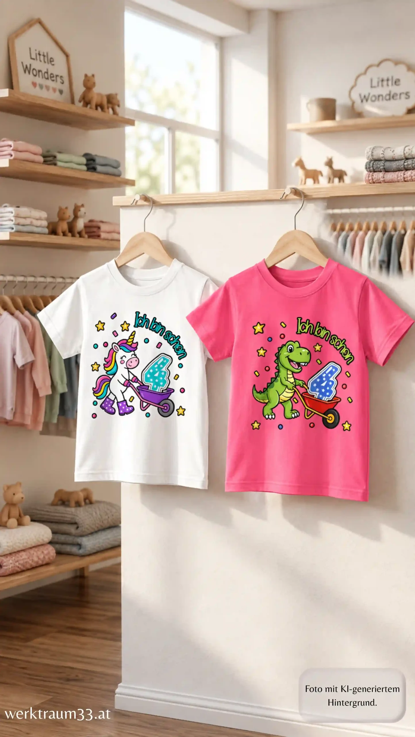 Produktfoto Kinder T-Shirt Ich bin schon 4 mit den Motiven Einhorn und Dino von werktraum33.