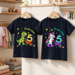 Produktfoto Kinder T-Shirt Ich bin schon 5 mit den Motiven Einhorn und Dino von werktraum33.