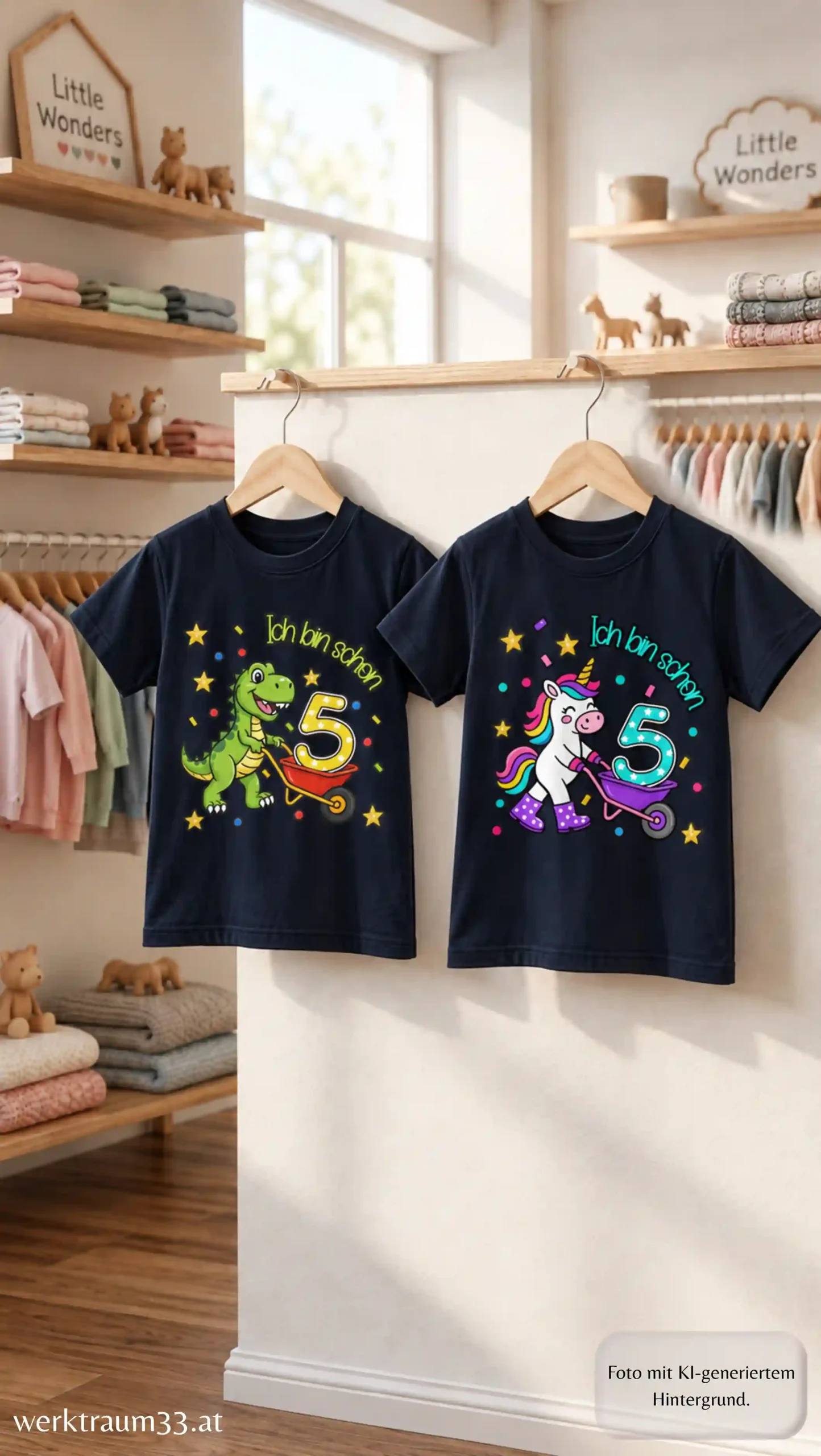Produktfoto Kinder T-Shirt Ich bin schon 5 mit den Motiven Einhorn und Dino von werktraum33.