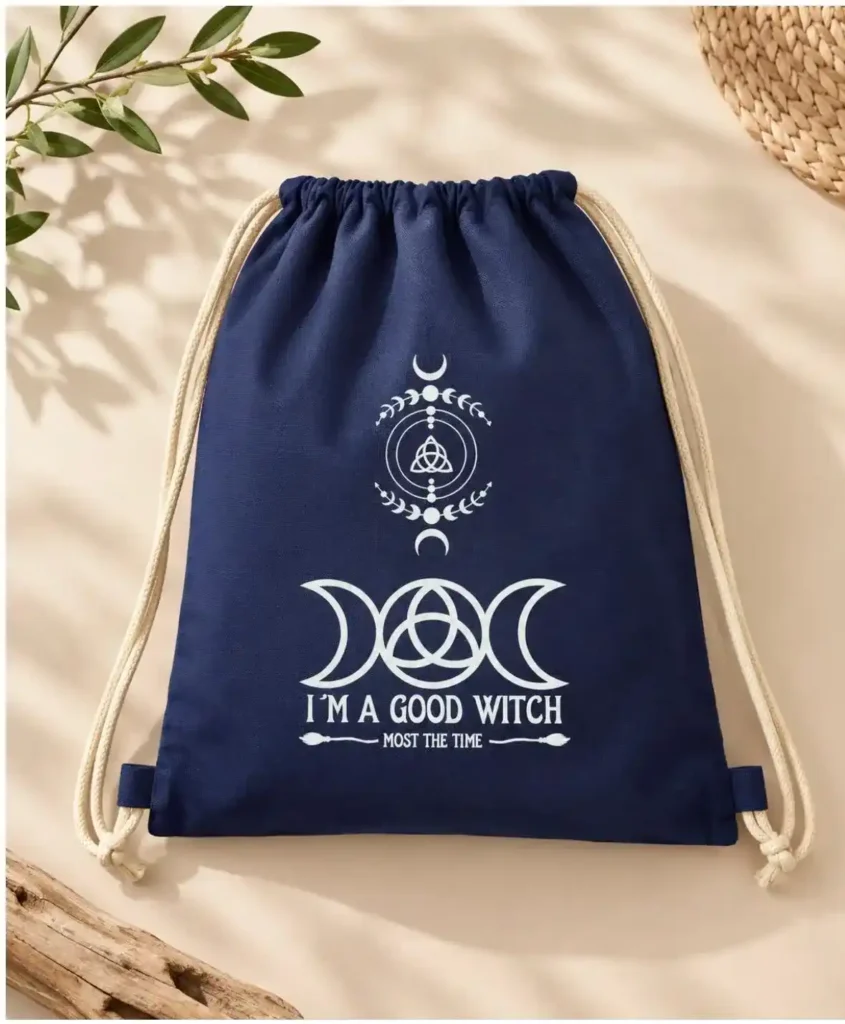Turnsackerl in blau mit Hexensymbolen und Spruch "I'm a good witch - most the time" von werktraum33.