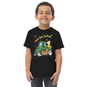 Kinder T-Shirt Ich bin schon 1 grüner Traktor mit gelber Schrift in schwarz von werktraum33.