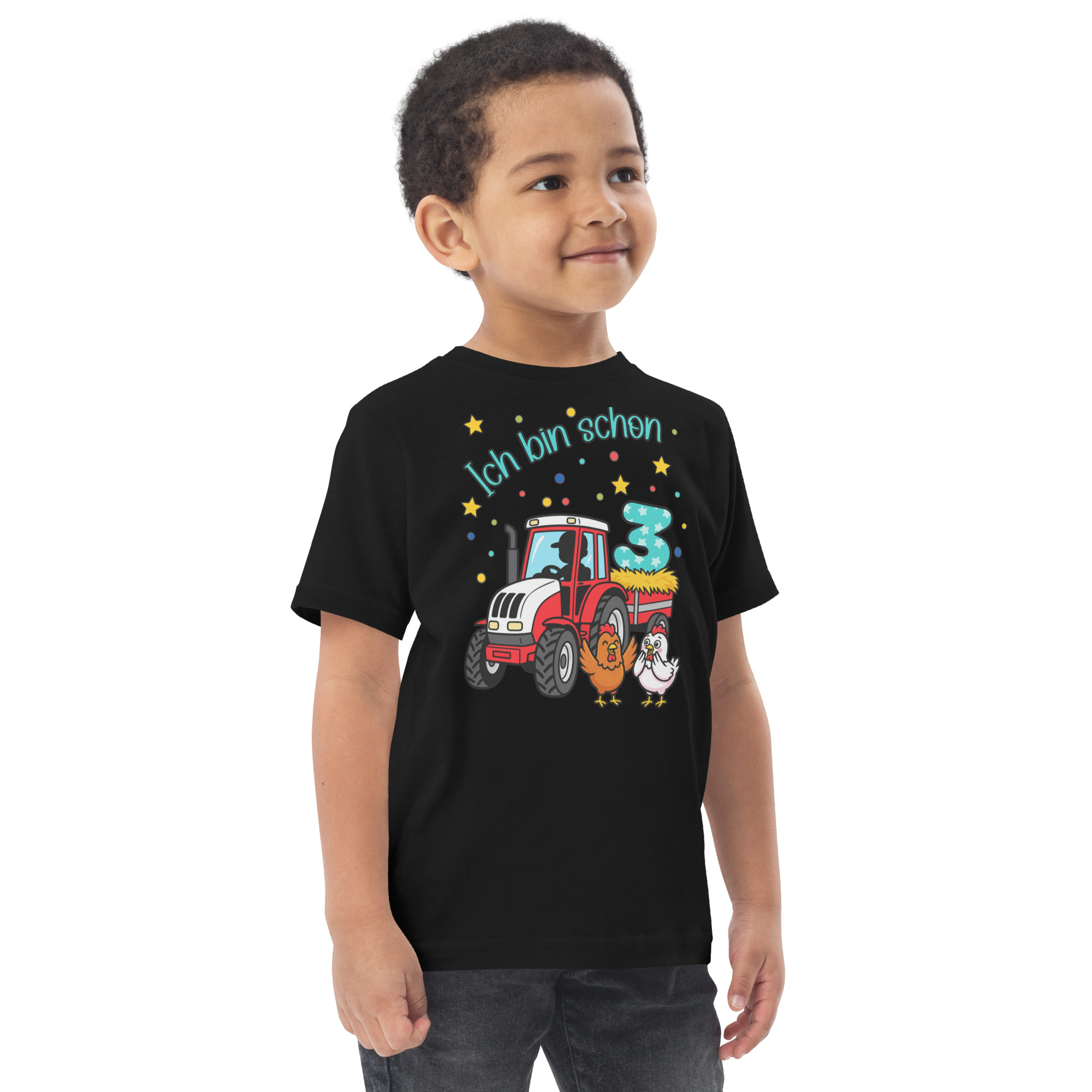 Kinder T-Shirt Ich bin schon 3 roter Traktor mit türkiser Schrift in schwarz von werktraum33.