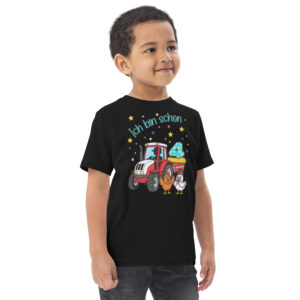 Kinder T-Shirt Ich bin schon 4 roter Traktor mit türkiser Schrift in schwarz von werktraum33.