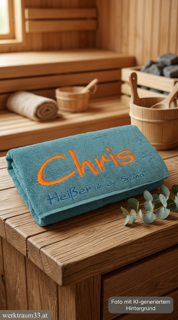 Individuell besticktes Handtuch mit "Chris - heißer als die Saune". | werktraum33
