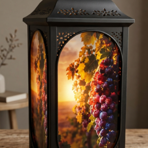 Schwarze Laterne mit UV-Druck-Motiv Weinreben im Abendlicht auf drei Glasseiten von werktraum33.