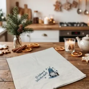 Weihnachtliches Geschirrtuch aus Baumwolle mit blauem Gnom, Schneeflocken und dem Spruch „Schöne Winterzeit!“ auf einem Holztisch, 38 × 64 cm von werktraum33.