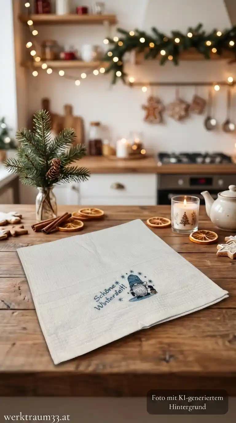 Weihnachtliches Geschirrtuch aus Baumwolle mit blauem Gnom, Schneeflocken und dem Spruch „Schöne Winterzeit!“ auf einem Holztisch, 38 × 64 cm von werktraum33.