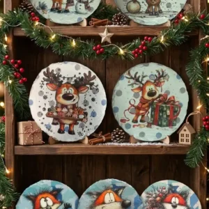 Sieben runde Schiefer-Untersetzer mit UV-Druck-Motiven von Rentier und Fuchs auf einem weihnachtlich dekorierten Holzregal von werktraum33.
