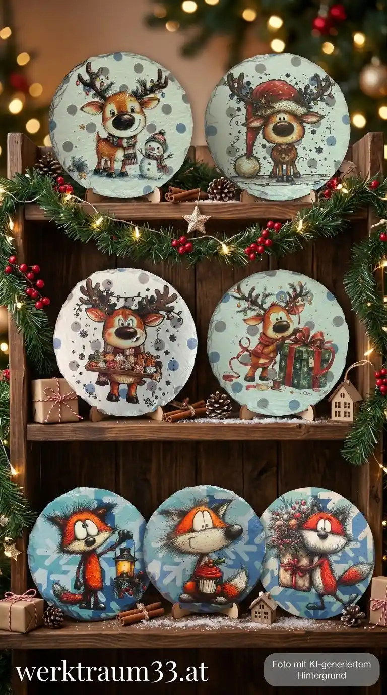 Sieben runde Schiefer-Untersetzer mit UV-Druck-Motiven von Rentier und Fuchs auf einem weihnachtlich dekorierten Holzregal von werktraum33.